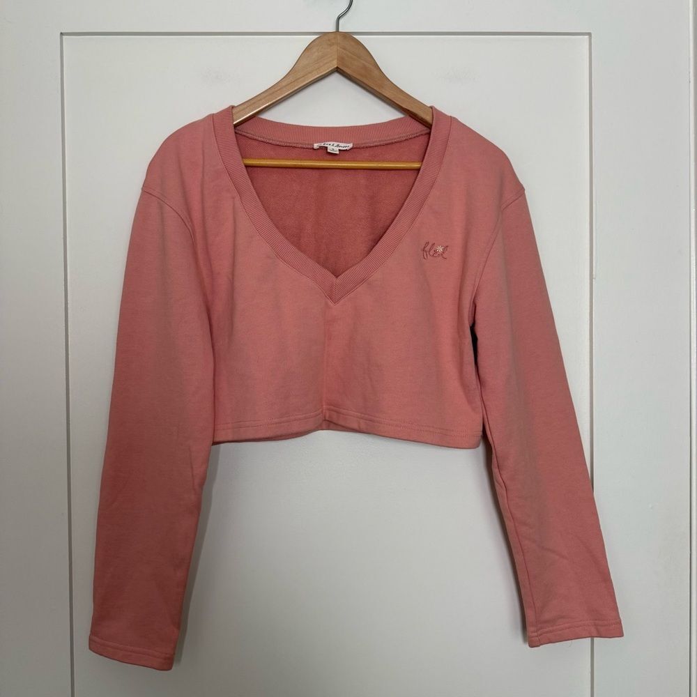 For Love & Lemons Top Womens Sz S Candy Pink Cropped Terry V Neck Long Sleeve